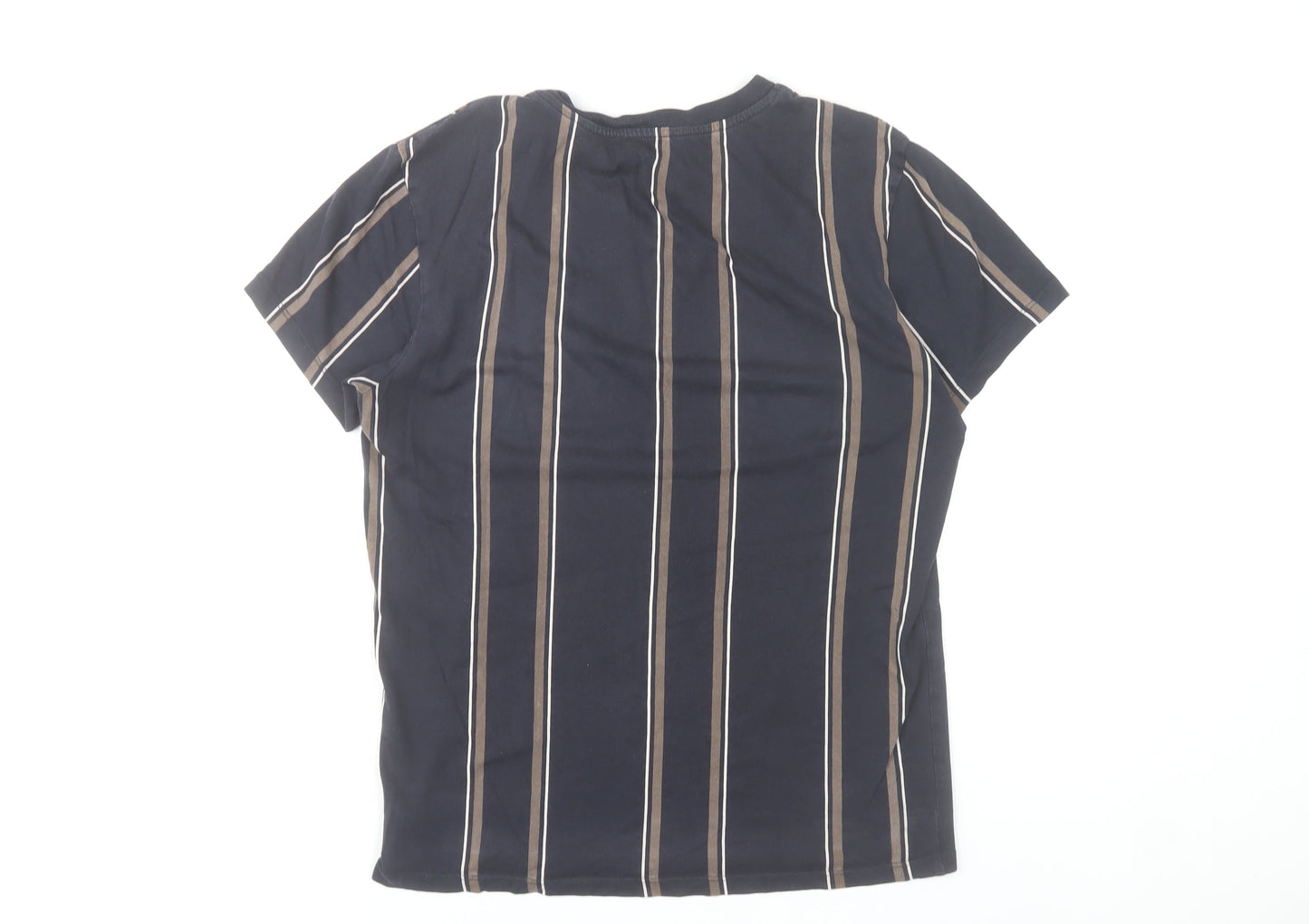 Bershka Men's Black Striped Cotton Crew Neck T-Shirt XS