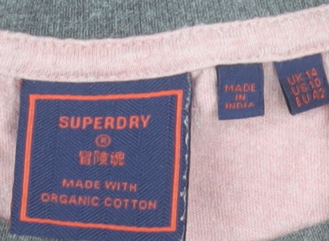 Superdry Womens Pink Grey Raglan Sleeve Cotton T-Shirt UK 14
