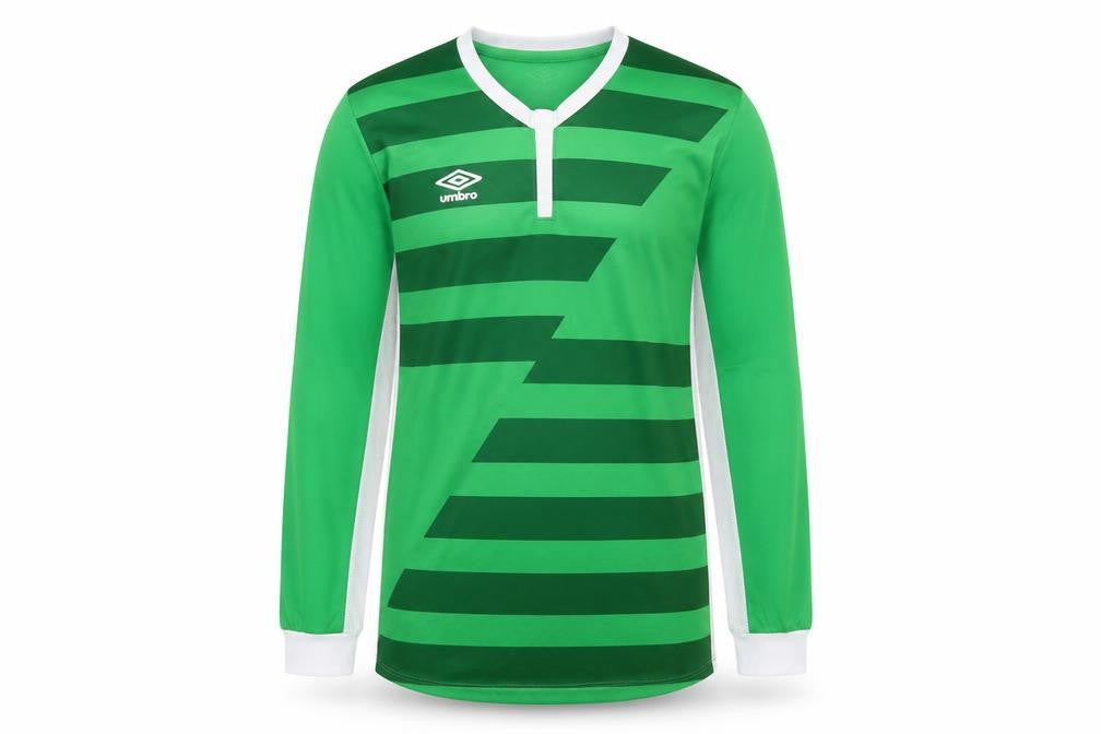 Front view of Umbro boys’ green football jersey long sleeve sports top 13 years