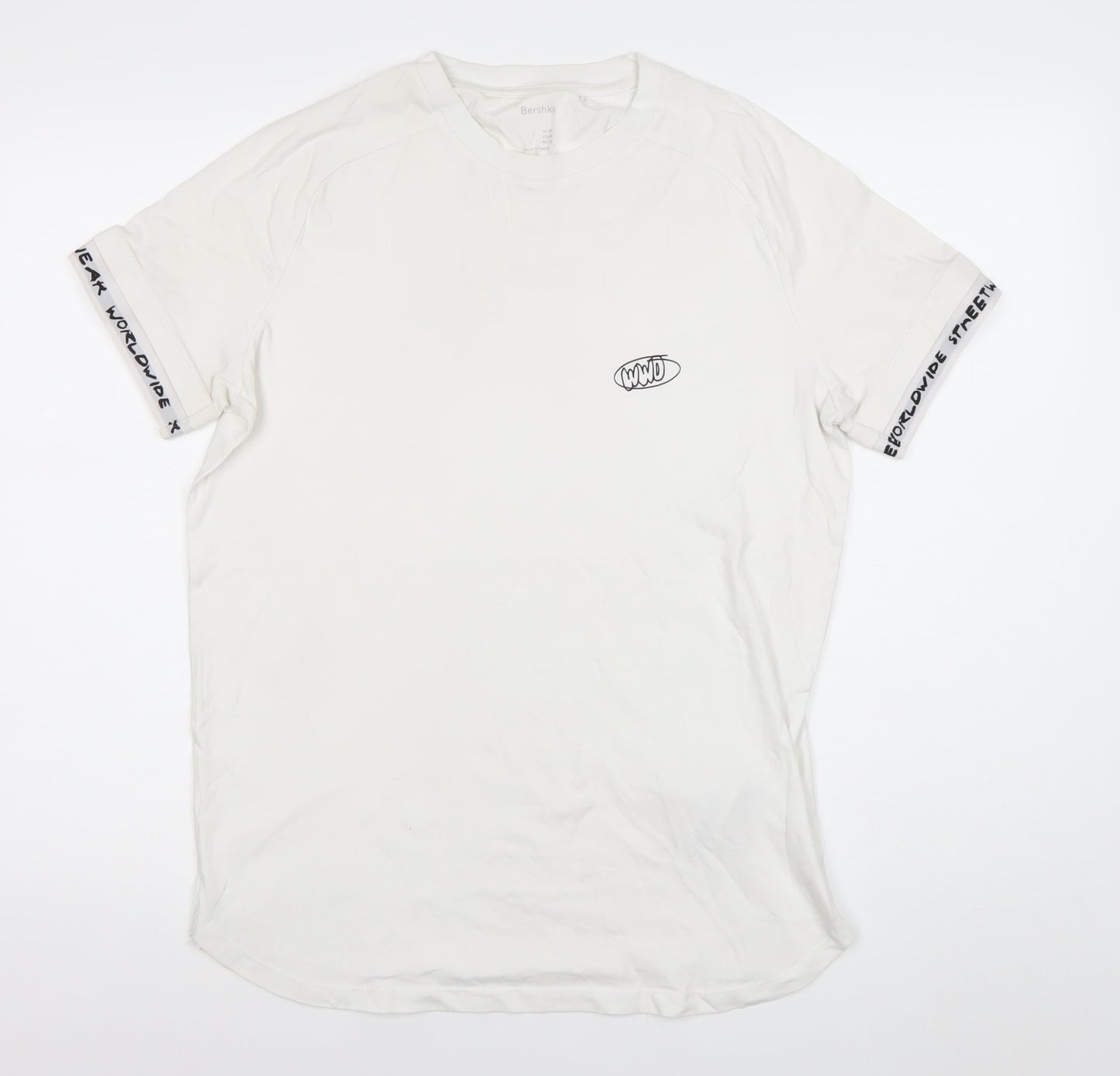 Bershka Men’s White Graphic Logo Short Sleeve T-Shirt Size M