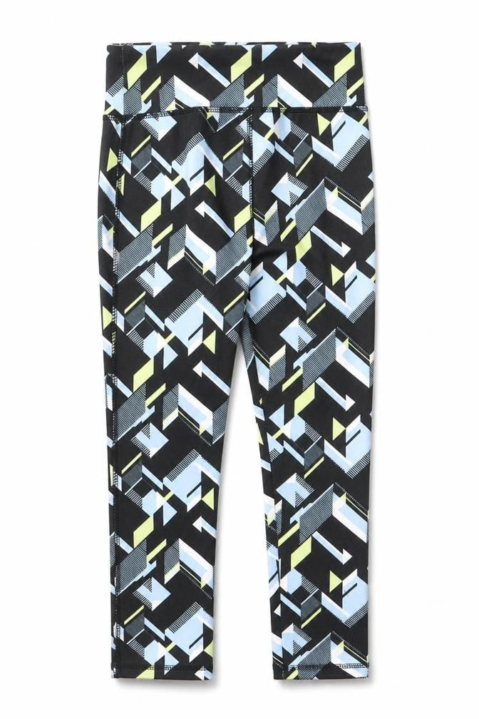 Front view of Dunnes girls’ black geometric print activewear leggings age 5 years