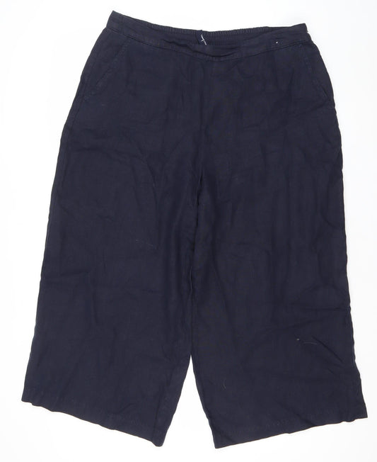 Seasalt Cornwall Womens Navy Linen Wide Leg Cropped Trousers Size 16