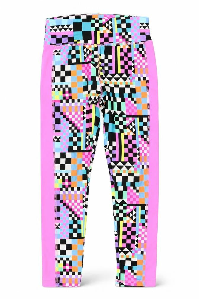 Front view of Dunnes girls’ multicoloured geometric leggings, size 5, years slim fit