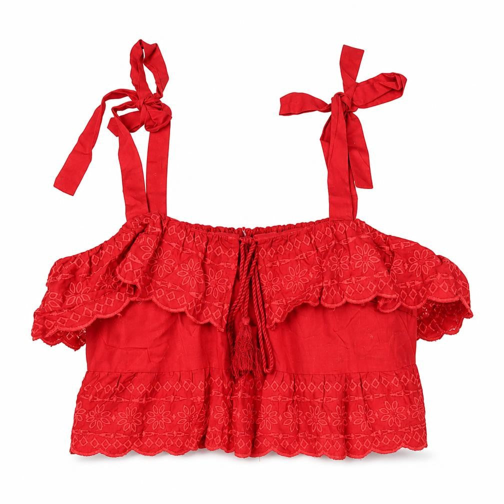 Savida Women’s Red Cropped Embroidered Cotton Blouse Size 8