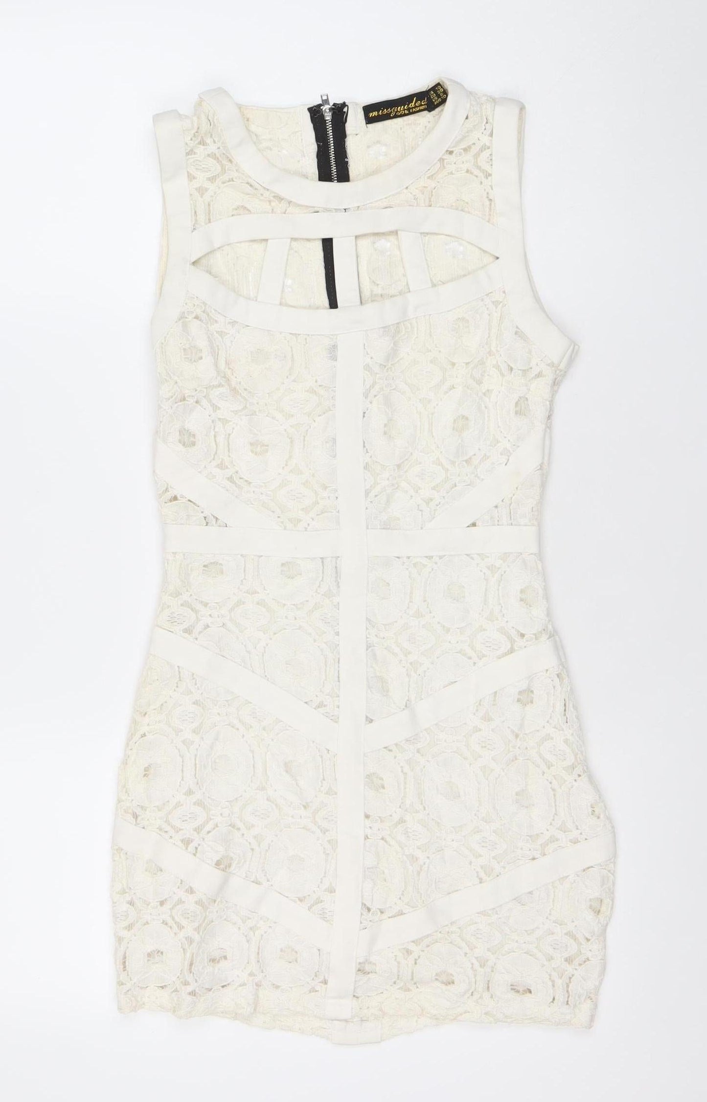 Missguided Women Ivory Lace Bodycon Mini Dress Size 10 Zip Cocktail