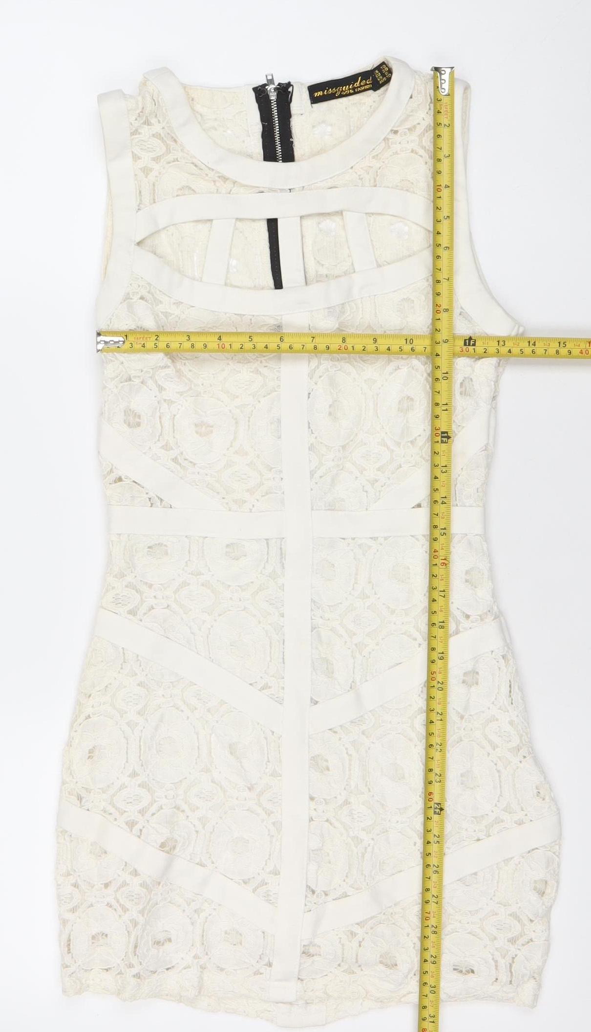 Missguided Women Ivory Lace Bodycon Mini Dress Size 10 Zip Cocktail