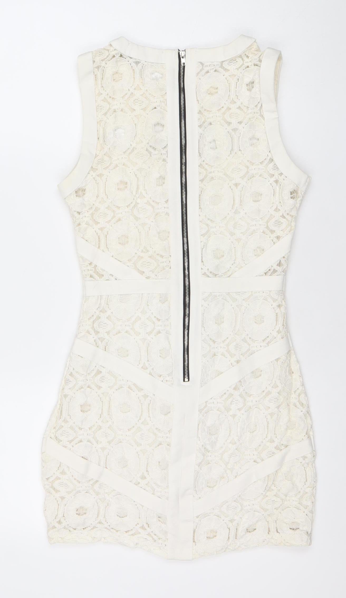 Missguided Women Ivory Lace Bodycon Mini Dress Size 10 Zip Cocktail