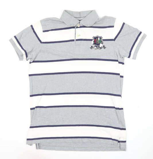 Tommy Hilfiger Men’s Grey Striped Polo Shirt XL Cotton Short Sleeve