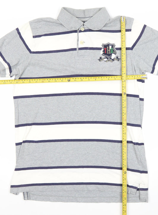 Tommy Hilfiger Men’s Grey Striped Polo Shirt XL Cotton Short Sleeve