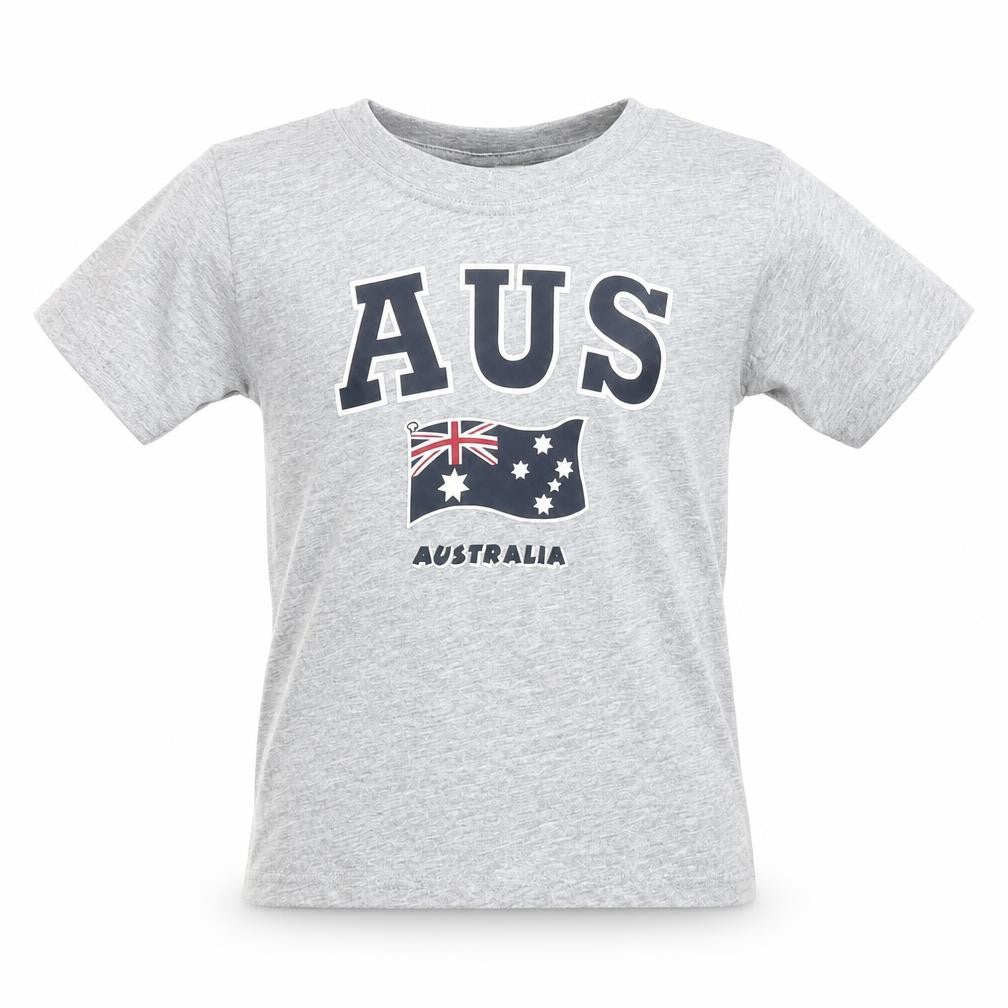 Front view of Oz Designs girls’ grey t-shirt, size 6, years aus flag print casual top
