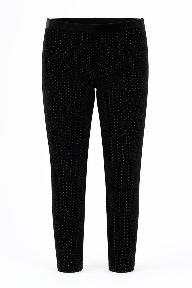 Front view of Leigh Tucker Willow girls’ black polka dot velvet ankle leggings size 25in