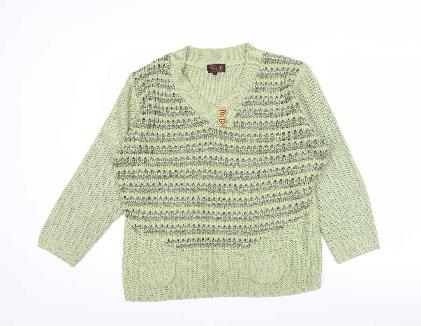 Tivoli Womens Green L Chunky Knit V-Neck Pullover Jumper