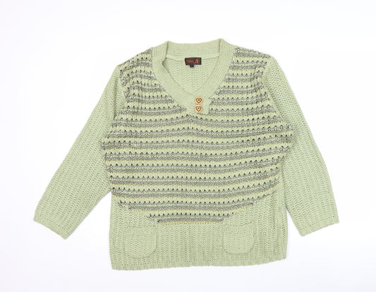 Tivoli Womens Green L Chunky Knit V-Neck Pullover Jumper