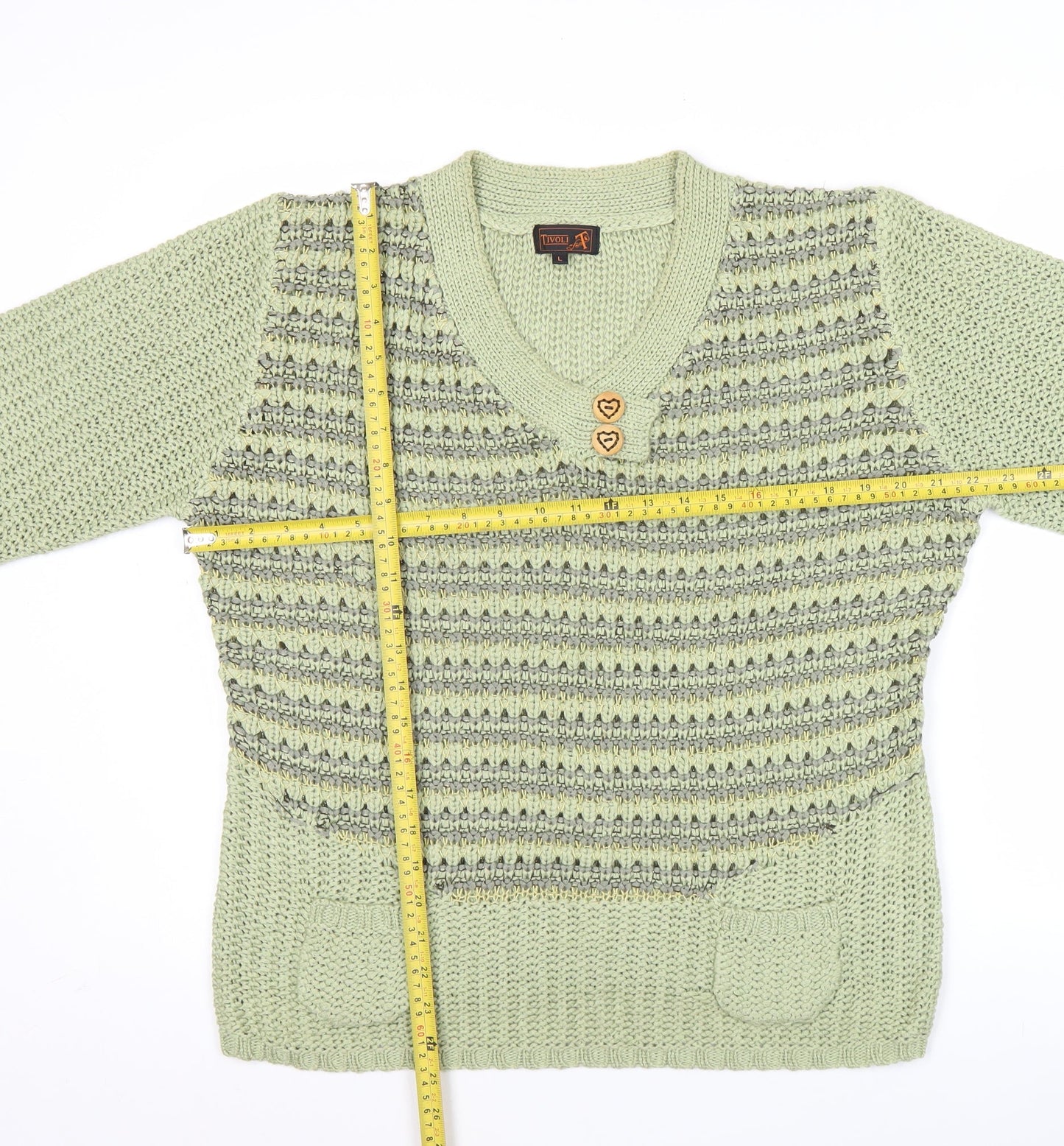 Tivoli Womens Green L Chunky Knit V-Neck Pullover Jumper