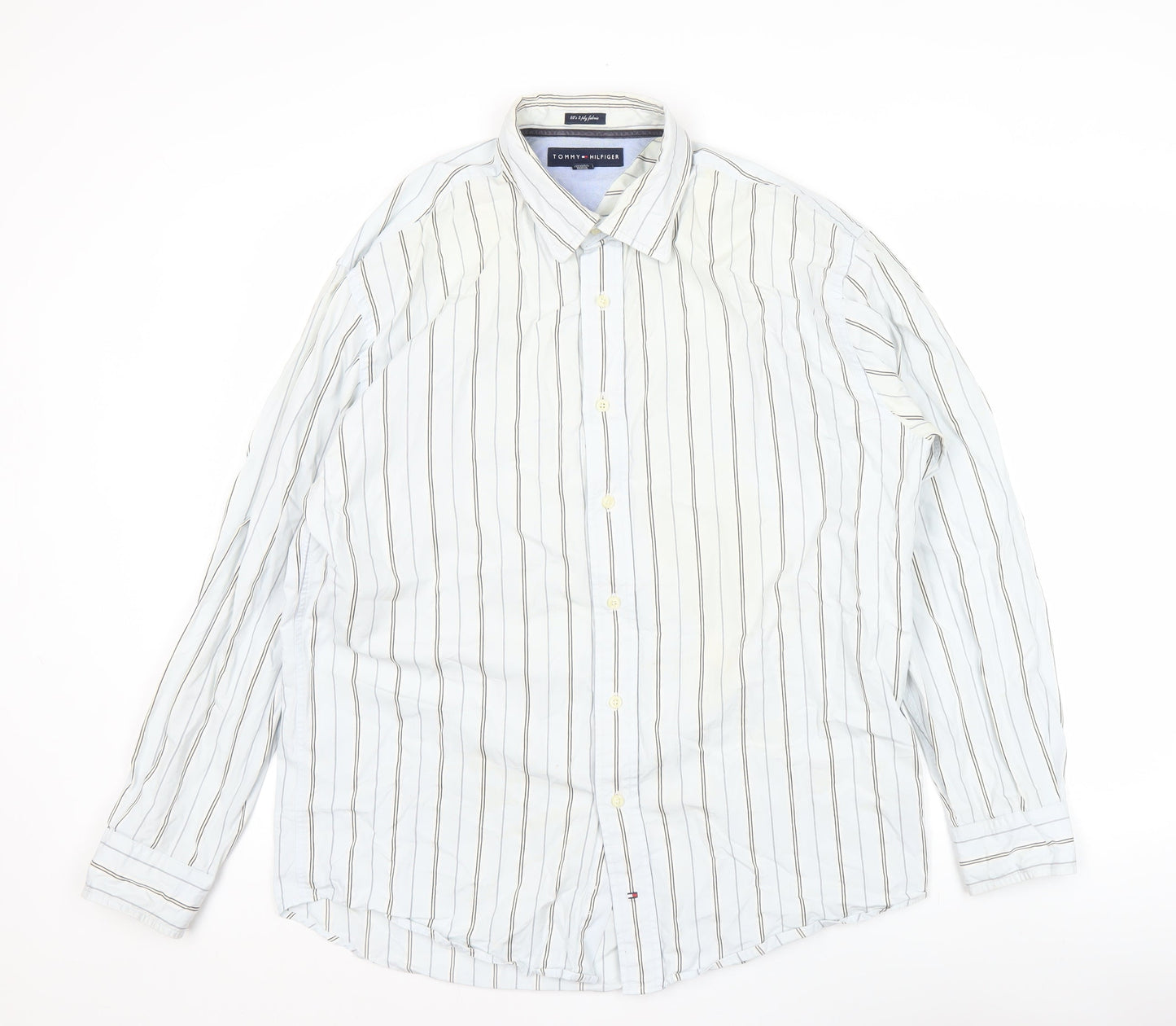 Tommy Hilfiger Men’s White Striped Cotton Long Sleeve Shirt Size 16.5-17