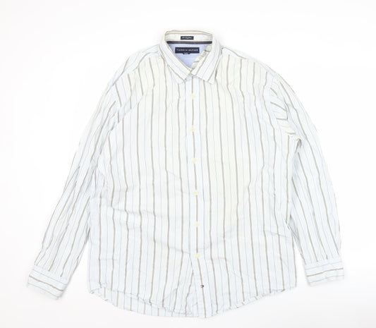 Tommy Hilfiger Men’s White Striped Cotton Long Sleeve Shirt Size 16.5-17