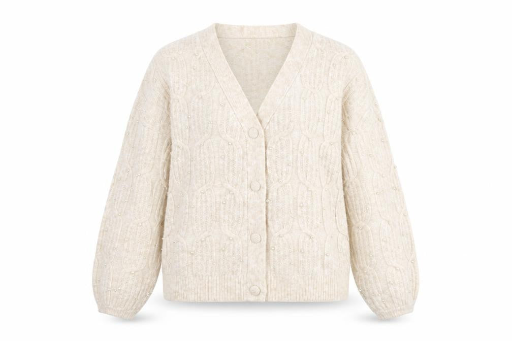 Gallery Women’s Beige Beaded Cable-Knit Cardigan Jumper Size L