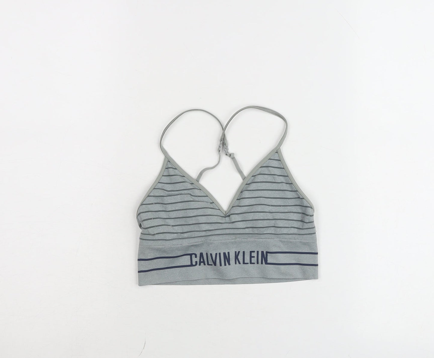 Calvin Klein Women’s Grey Striped Sports Bra Medium Stretch Logo