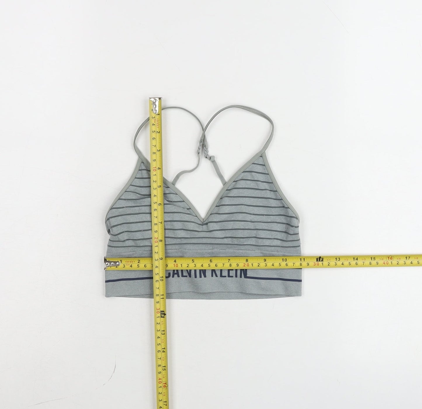Calvin Klein Women’s Grey Striped Sports Bra Medium Stretch Logo