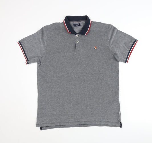 Jack & Jones Men’s Grey Polo Shirt Size M Short Sleeve Cotton Blend