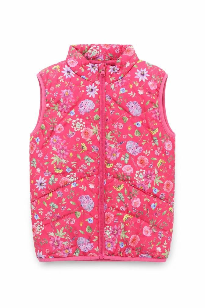 Front view of NAME IT girls’ pink floral padded waistcoat jacket 6 years polyester