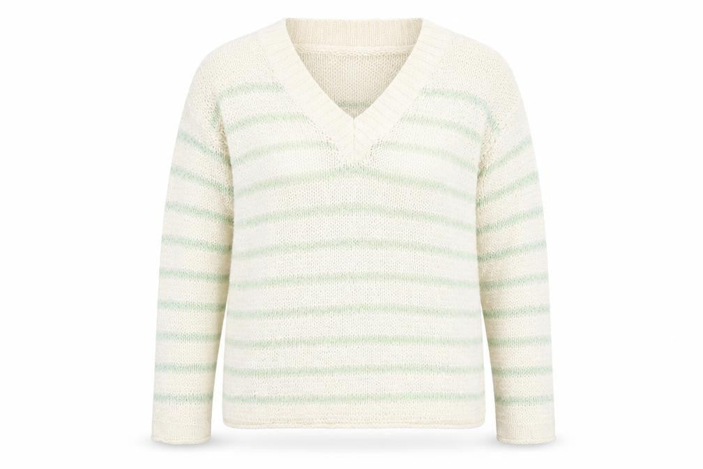 Dunnes Women’s Ivory Green Striped V-Neck Pullover Jumper Size S