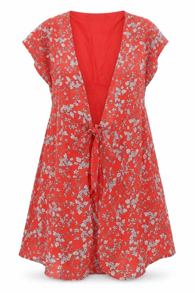 Majolica Womens Red Floral Wrap Dress M Short Sleeve V-Neck
