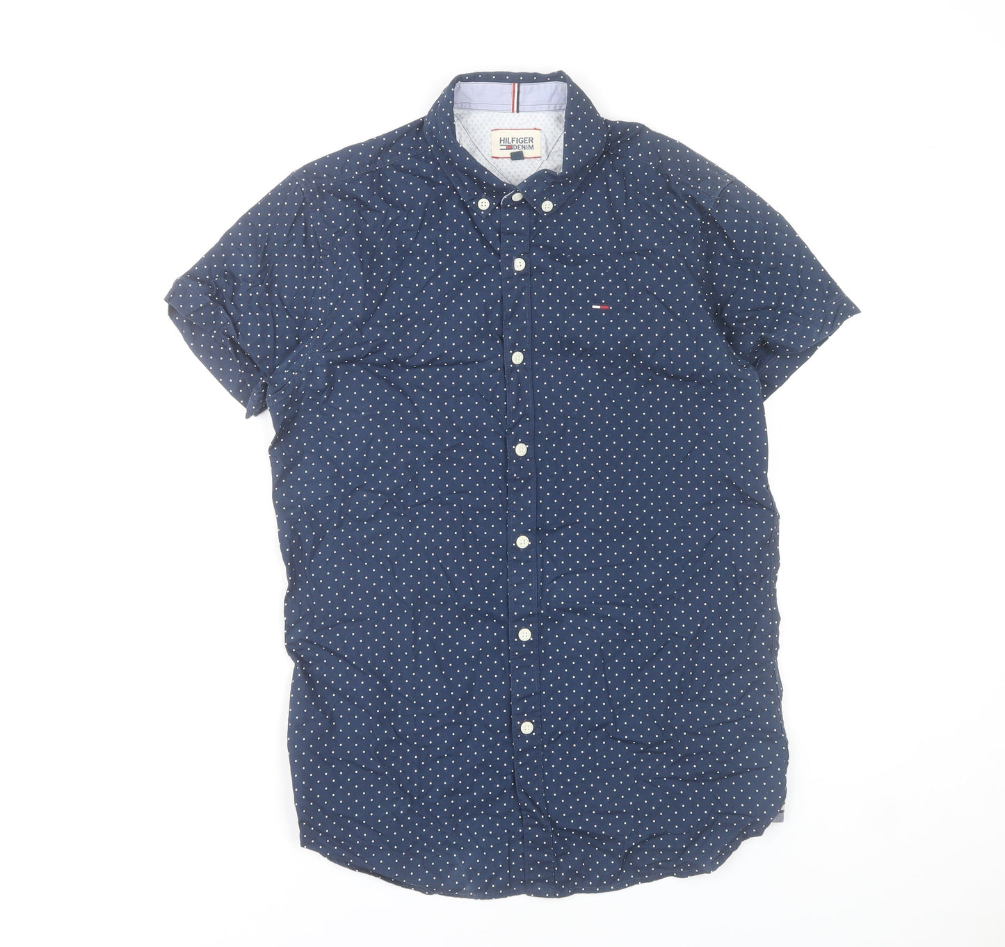 Tommy Hilfiger Men’s Blue Polka Dot Short Sleeve Button-Up Shirt S