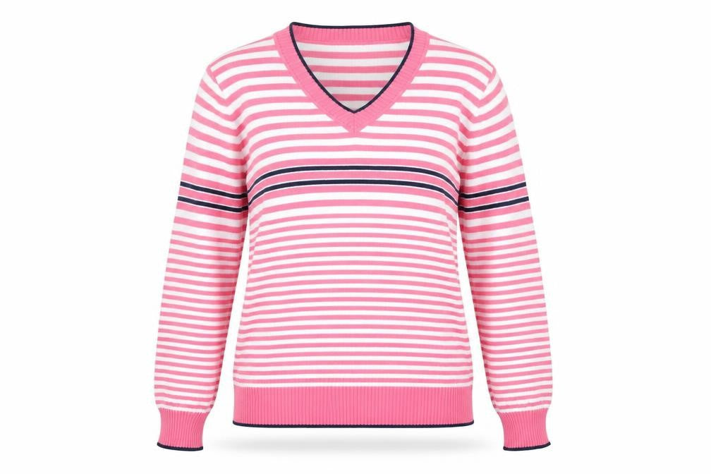 Blarney Womens Pink Striped Cotton V-Neck Jumper Size L