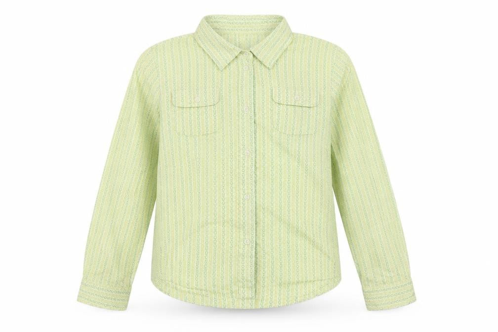 Front view of Gap girls’ green geometric cotton button-up shirt 10-11 years long sleeve