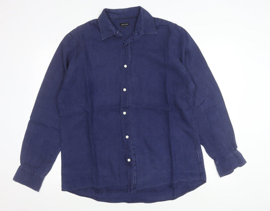 Jaeger Men Blue Linen Button-Up Shirt Size L Casual Long Sleeve