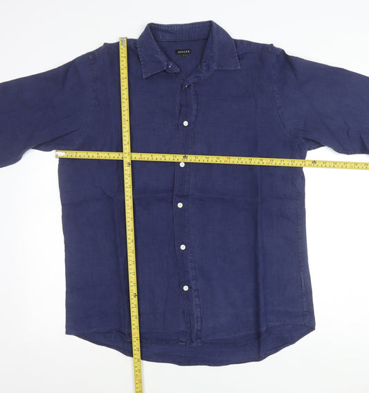 Jaeger Men Blue Linen Button-Up Shirt Size L Casual Long Sleeve