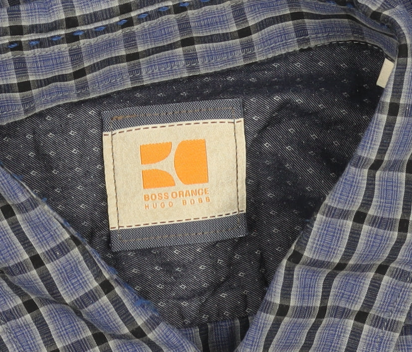 Hugo Boss Orange Men's Blue Check Cotton Button-Up Shirt L