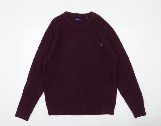 GANT Men’s Purple Lambswool Cable-Knit Jumper XL Crew Neck
