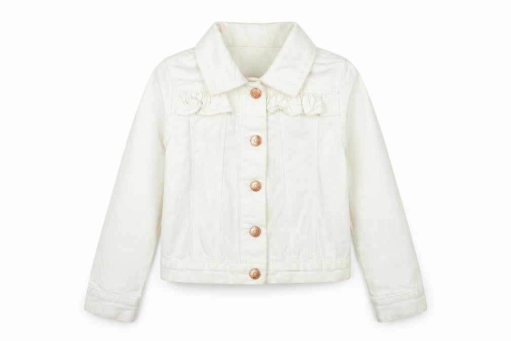 Front view of St. Bernard girls’ ivory cotton basic jacket age 7 button-up ruffle detail