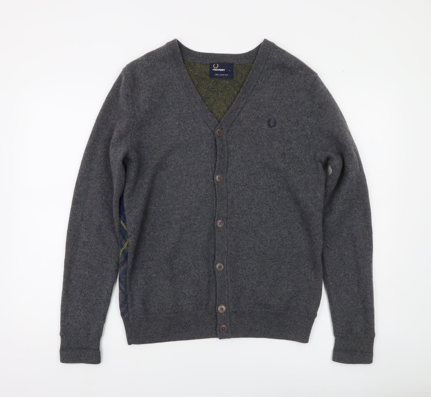 Fred Perry Men's Grey Wool Argyle Cardigan L V-Neck Classic Style