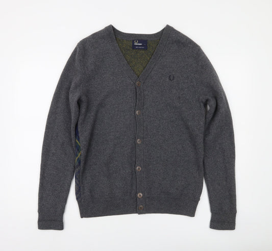 Fred Perry Men's Grey Wool Argyle Cardigan L V-Neck Classic Style