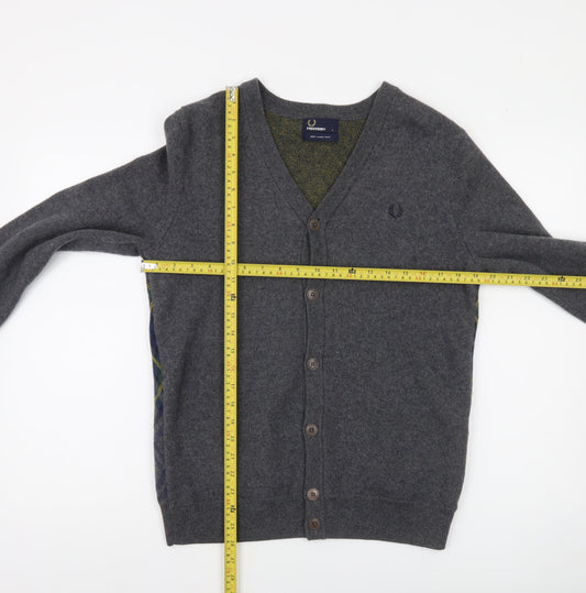 Fred Perry Men's Grey Wool Argyle Cardigan L V-Neck Classic Style