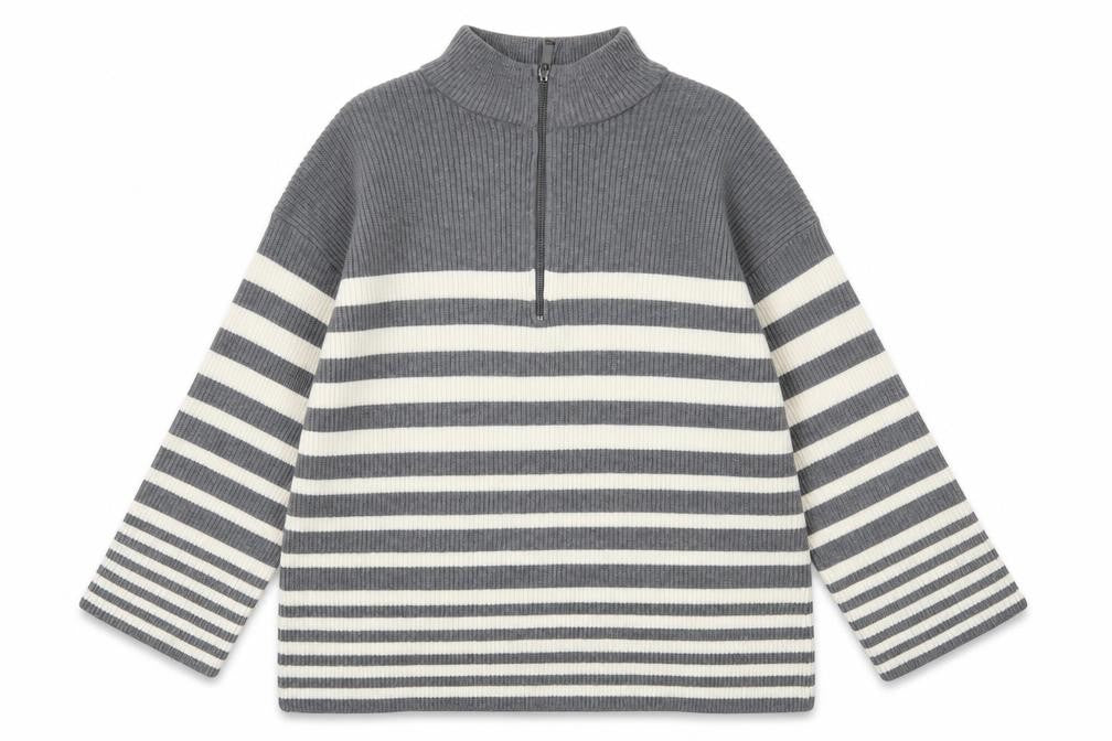 Dunnes Women’s Grey Striped High Neck Half Zip Knit Jumper Size S