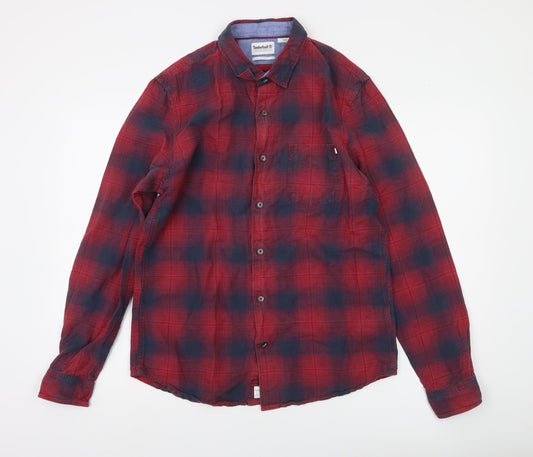 Timberland Men's Red Plaid Slim Fit Button-Up Cotton Shirt M
