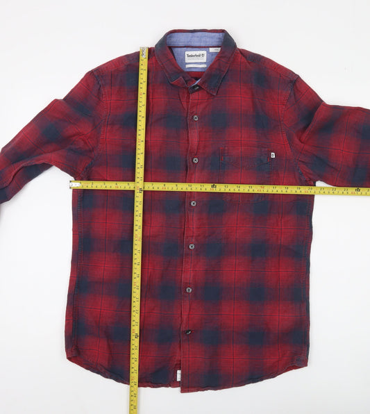 Timberland Men's Red Plaid Slim Fit Button-Up Cotton Shirt M