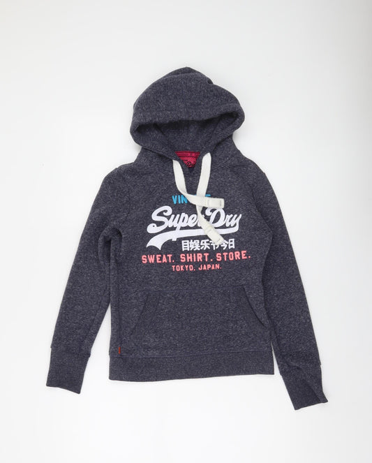 Superdry Womens Blue Pullover Hoodie XXS Vintage Graphic Sweatshirt