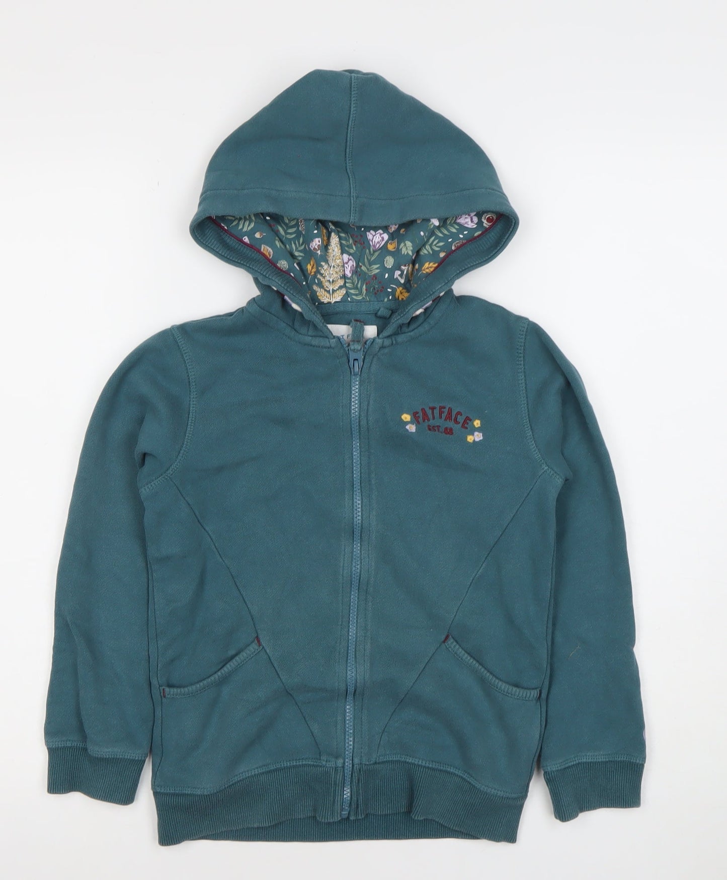 FatFace Girls Green Full Zip Hoodie 8 Years Hooded Floral Lined Sweatshirt