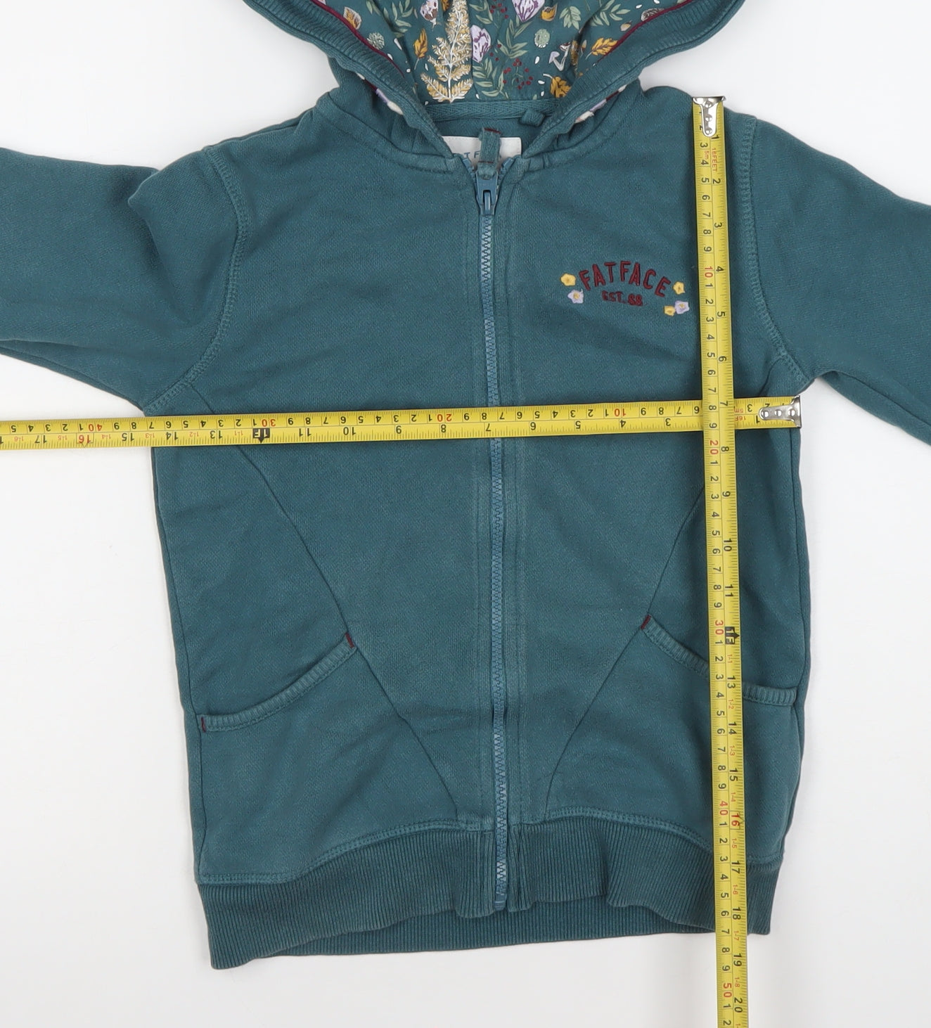 FatFace Girls Green Full Zip Hoodie 8 Years Hooded Floral Lined Sweatshirt