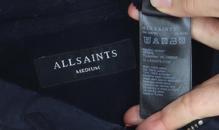 AllSaints Men’s Black Full Zip Hoodie Medium Cotton Fleece