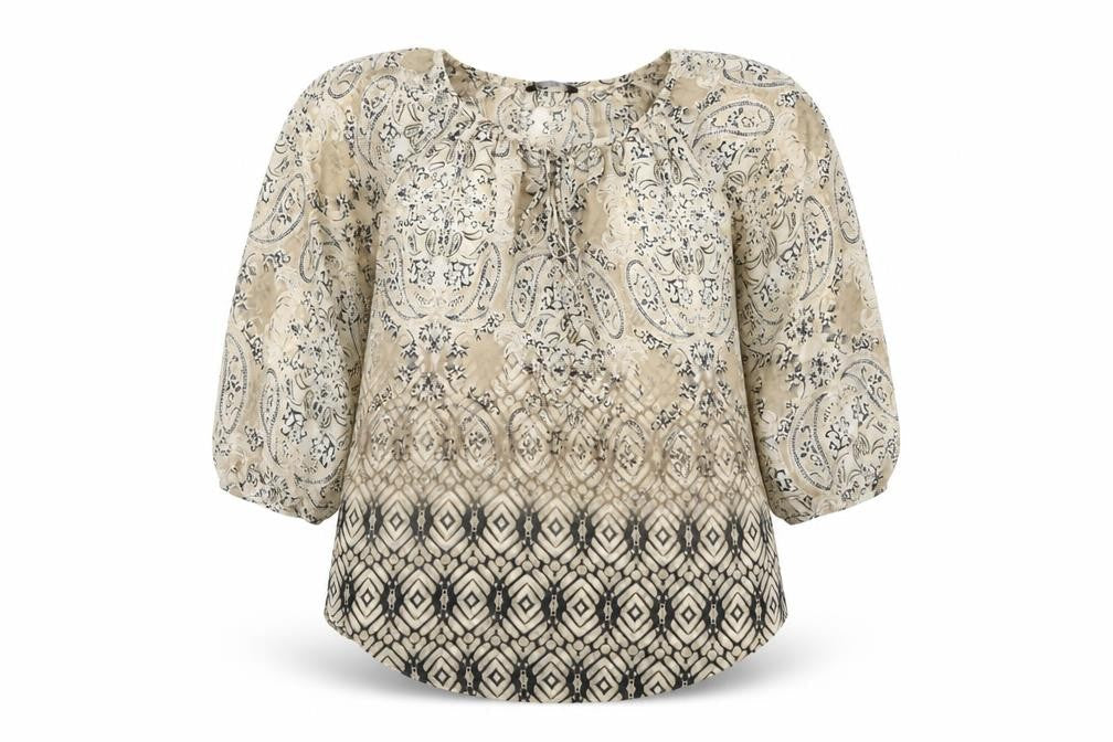 Dunnes Womens Beige Paisley Tunic Blouse Size 8 3/4 Sleeve Polyester