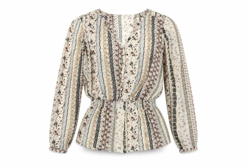 A|wear Women's Beige Floral Tunic Blouse Size 10 Long Sleeve V-Neck