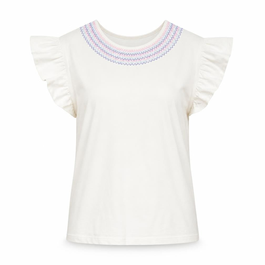 Dunnes Womens White Embroidered Flutter Sleeve Cotton T-Shirt Size L