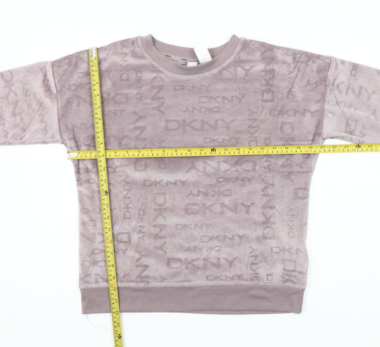 DKNY Women's Mauve Velour Logo Sweatshirt S Pullover Crew Neck