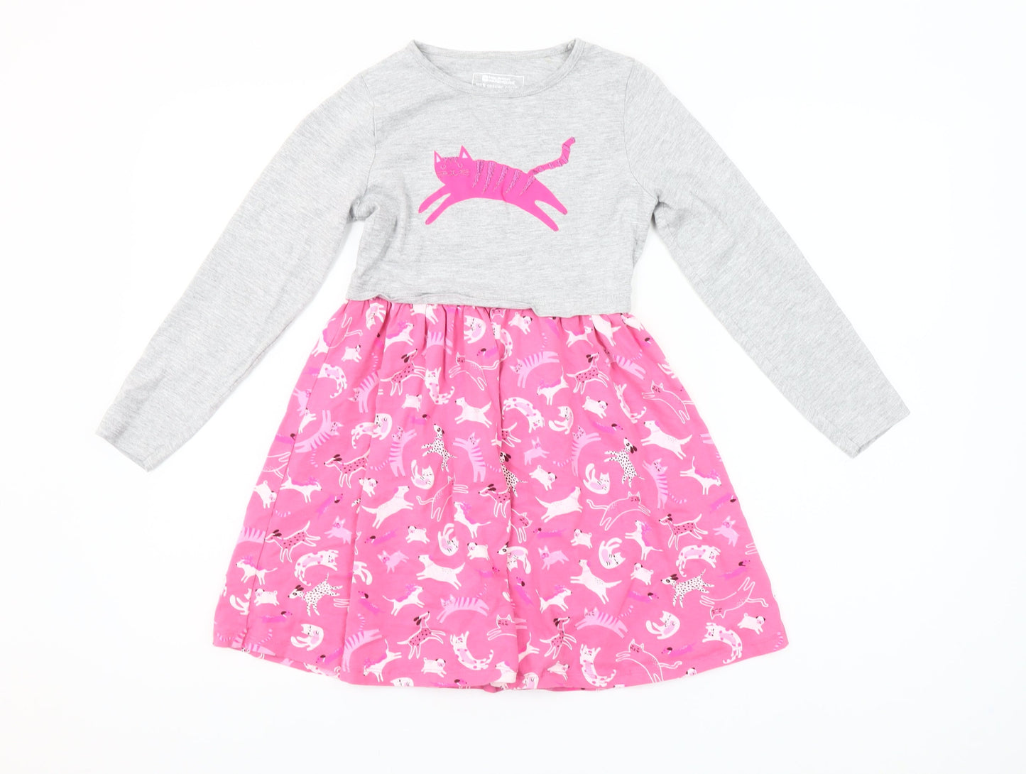 Mountain Warehouse Girls Pink Cat Print Cotton Long Sleeve Skater Dress 7-8 Years